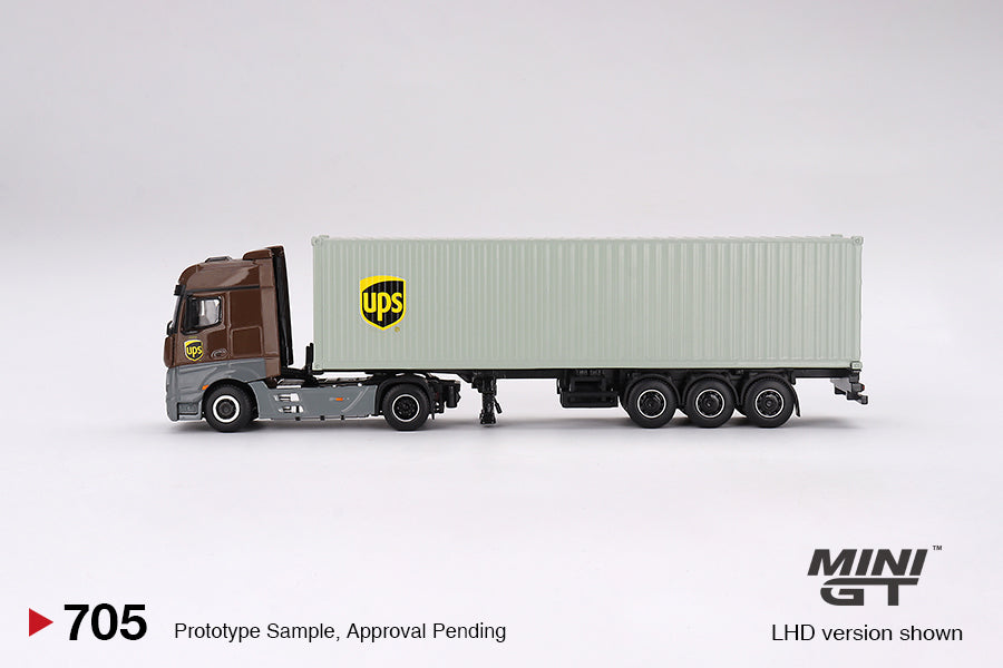 Mini GT #705 UPS Mercedes-Benz Actros with 40ft Container Trailer | 1:64 Scale Die-Cast Collectible