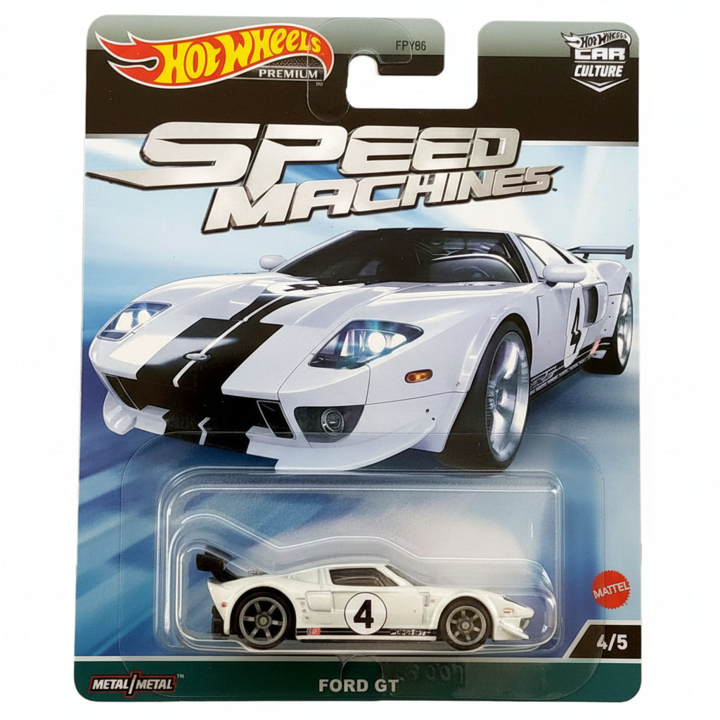 Hot Wheels Premium 1:64 Car Culture Speed Machines — Ford GT | White & Black #4 Racing Livery | Real Riders | Metal/Metal | 4/5 | FPY86 | Die-Cast Collectible