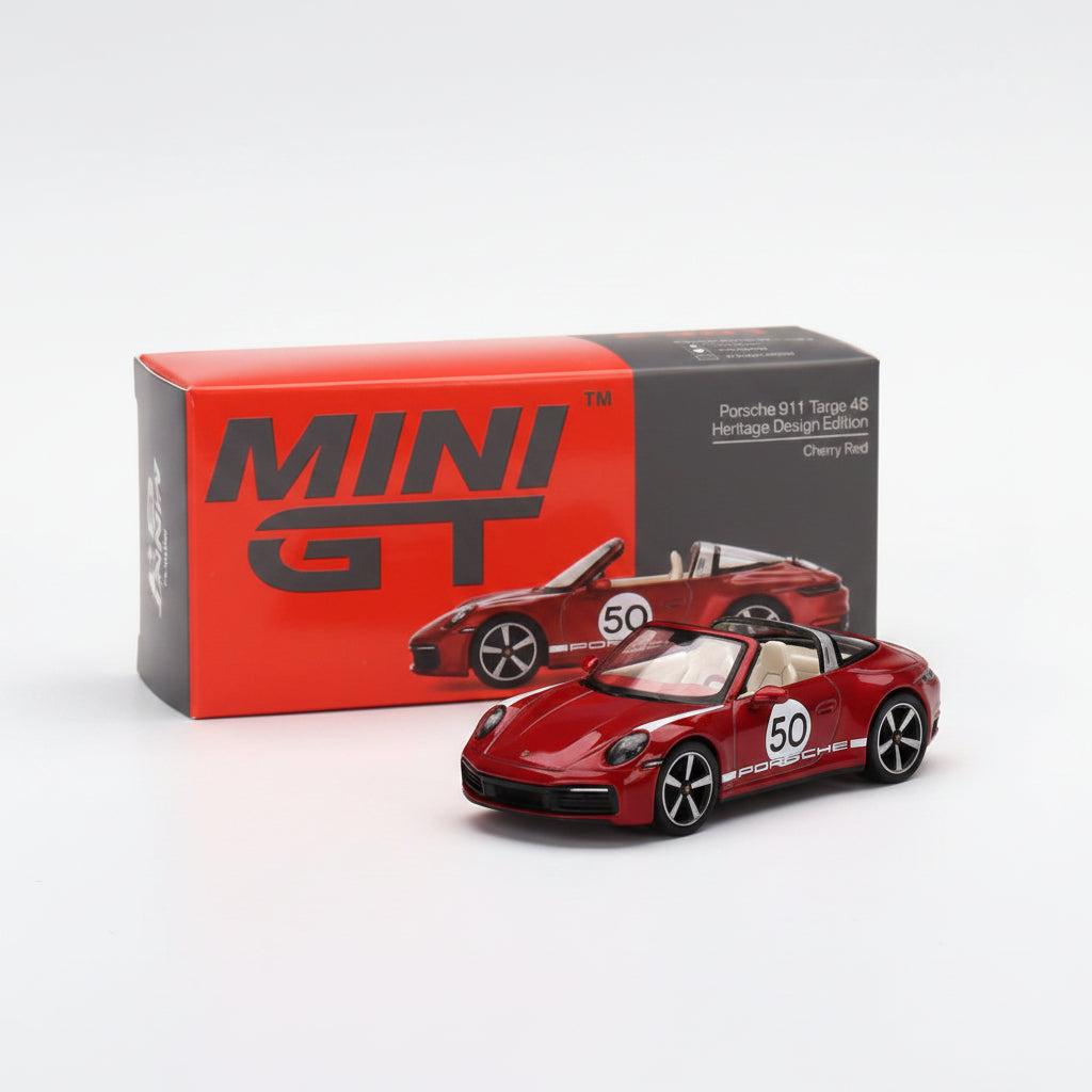Mini GT 1:64 — Porsche 911 Targa 4S Heritage Design Edition | Cherry Red | Die-Cast Collectible