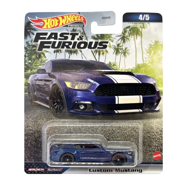 Hot Wheels Premium 1:64 Fast & Furious — Custom Mustang | Blue & White Stripes | 4/5 | HNW46 | Die-Cast Collectible