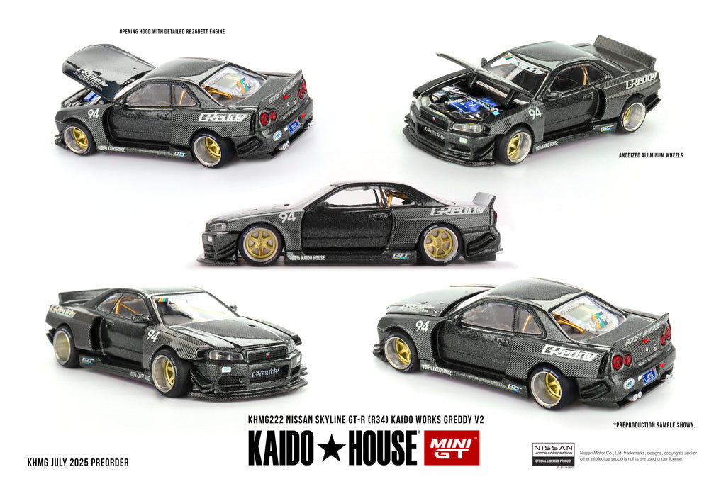 Kaido House x Mini GT #222 Nissan Skyline GT-R R34 Kaido Works V2 GReddy Black | 1:64 Die-Cast Collectible