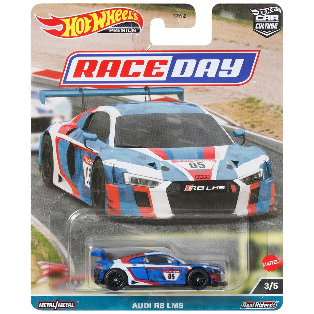 Hot Wheels Premium 1:64 Car Culture Race Day — Audi R8 LMS | Blue, White & Red #05 Audi Sport GT3 Livery | Real Riders | Metal/Metal | 3/5 | FPY86 | Die-Cast Collectible
