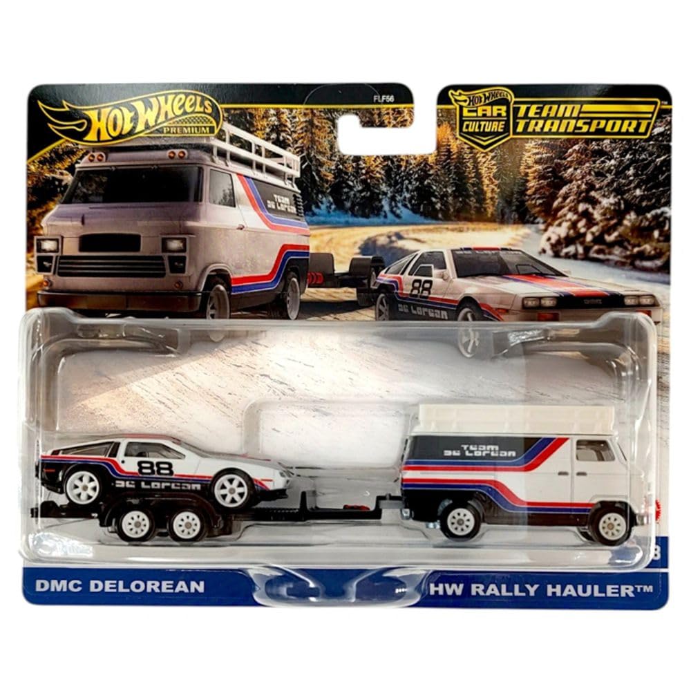 Hot Wheels Premium Car Culture Team Transport DMC DeLorean #88 + HW Rally Hauler FLF50 | 1:64 Die-Cast Collectible