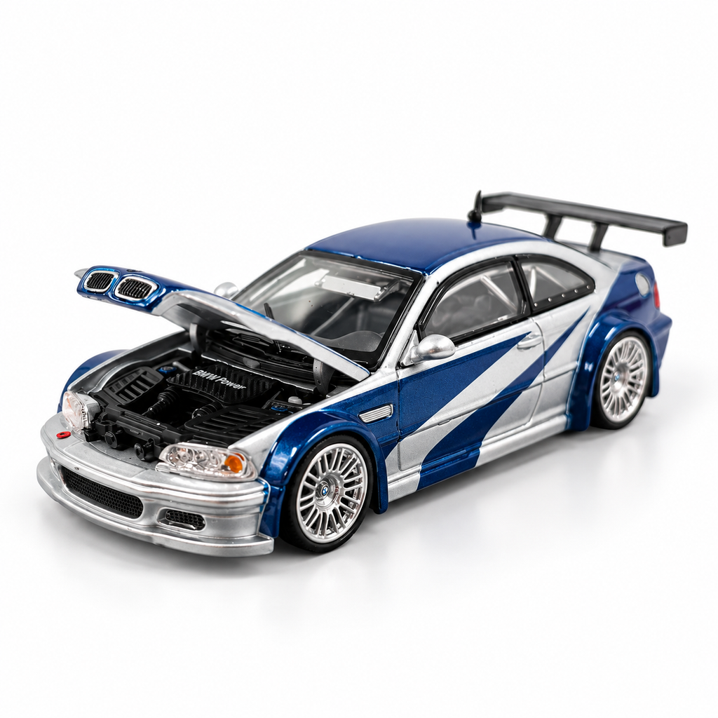 MJ Model BMW M3 GTR Chrome Silver Blue NFS | 1:64 Die-Cast Collectible