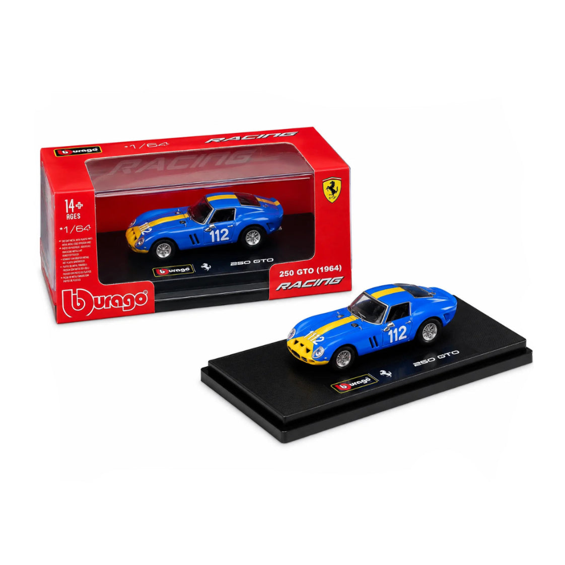 Bburago Racing Ferrari 250 GTO 1964 #112 Blue Yellow | 1:64 Die-Cast Collectible