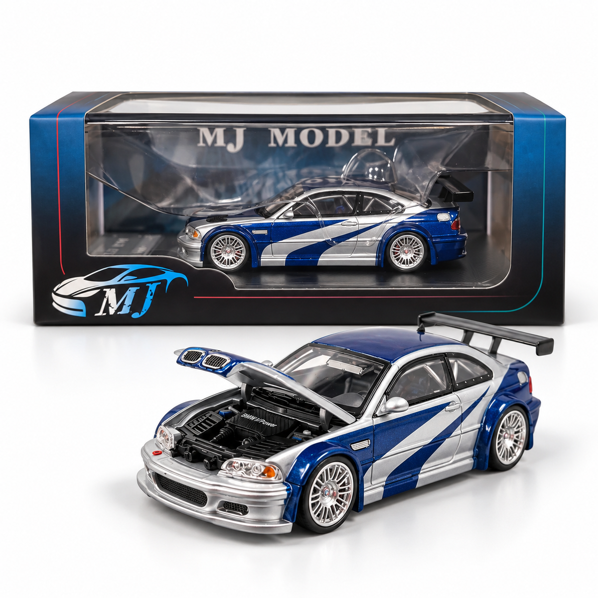 MJ Model BMW M3 GTR Chrome Silver Blue NFS | 1:64 Die-Cast Collectible