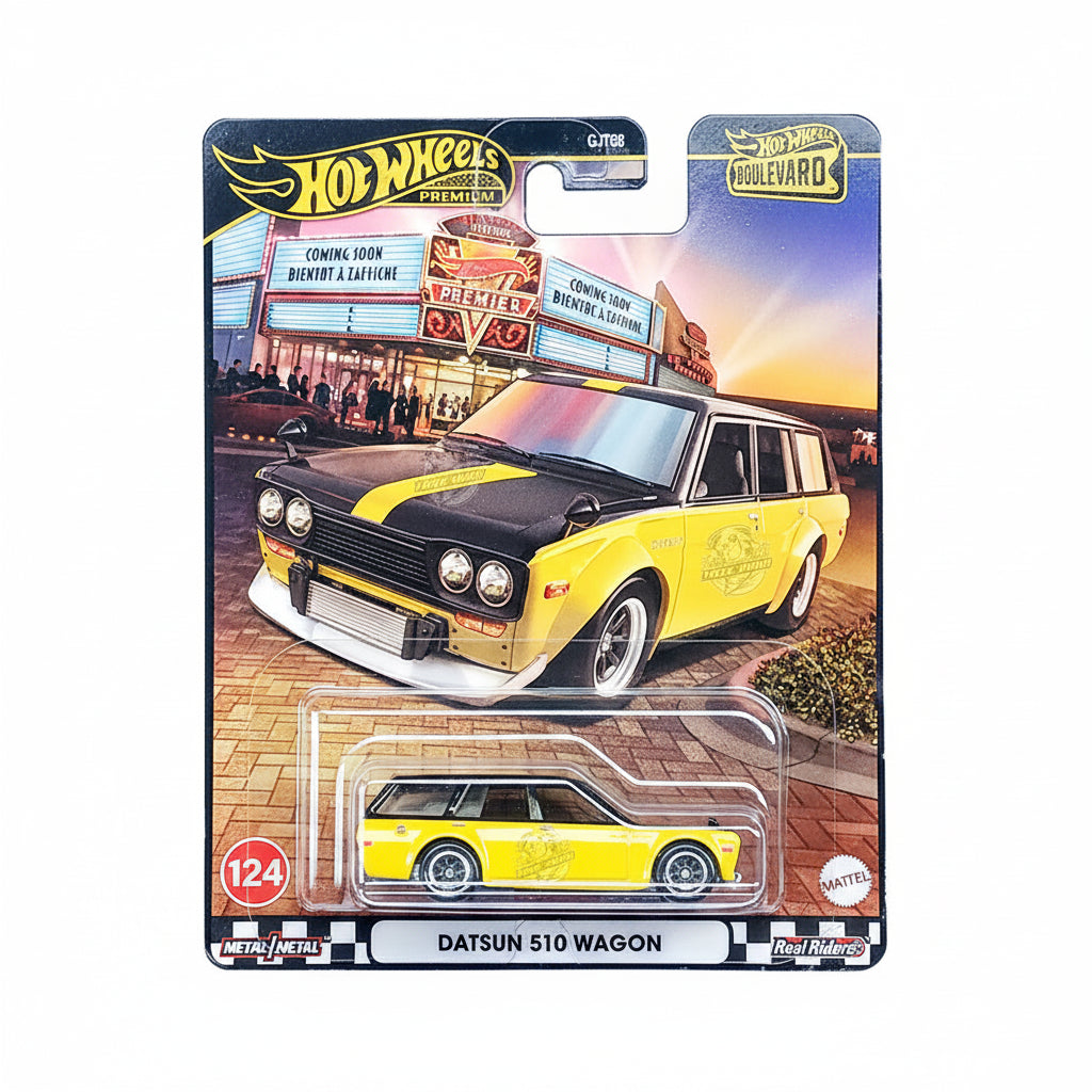 Hot Wheels Premium Datsun 510 Wagon | Yellow & Black | 1:64 Scale Die-Cast Collectible