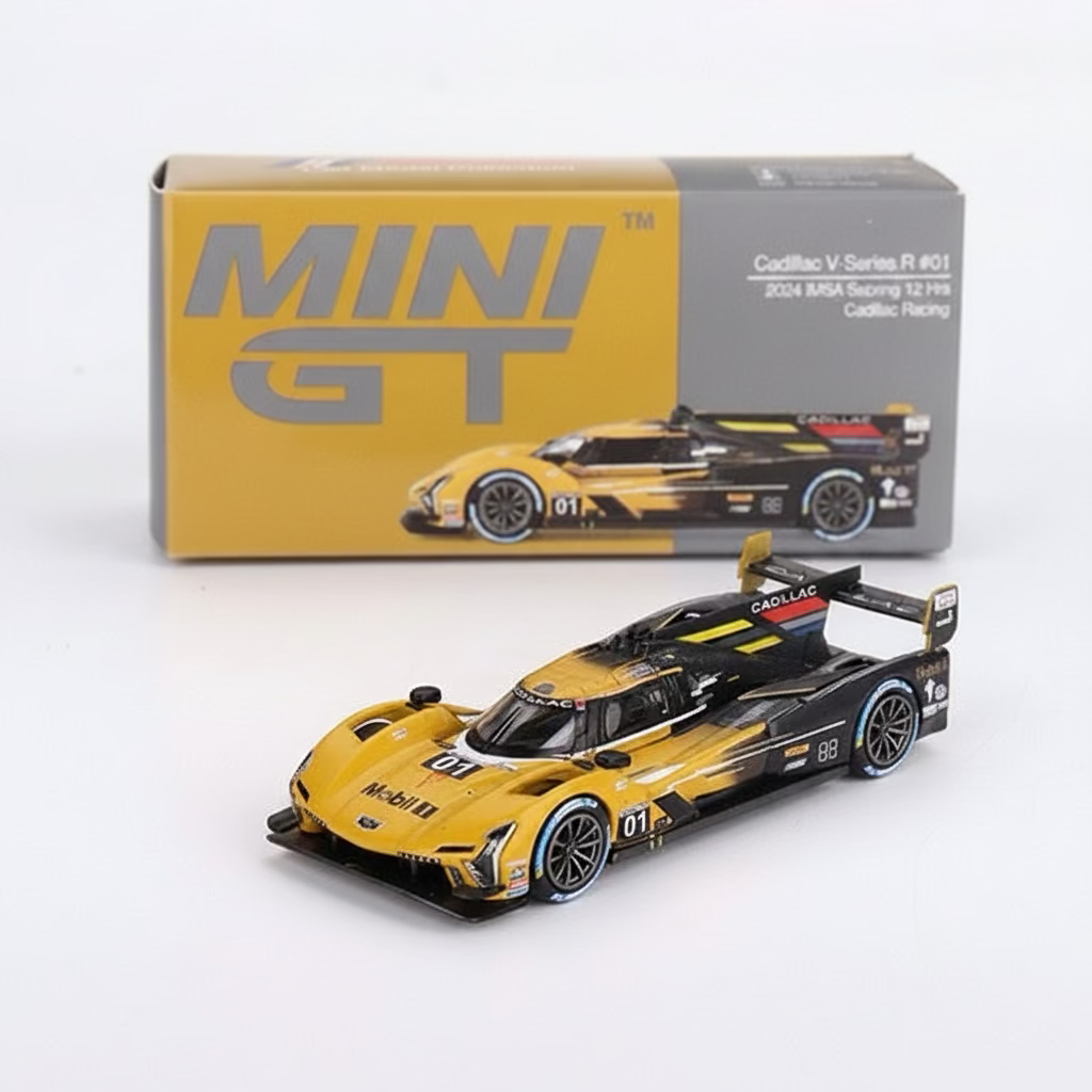 Mini GT 1:64 — Cadillac V-Series.R #01 | Yellow & Black Cadillac Racing Mobil 1 Livery | 2024 IMSA Sebring 12 Hours | Die-Cast Collectible