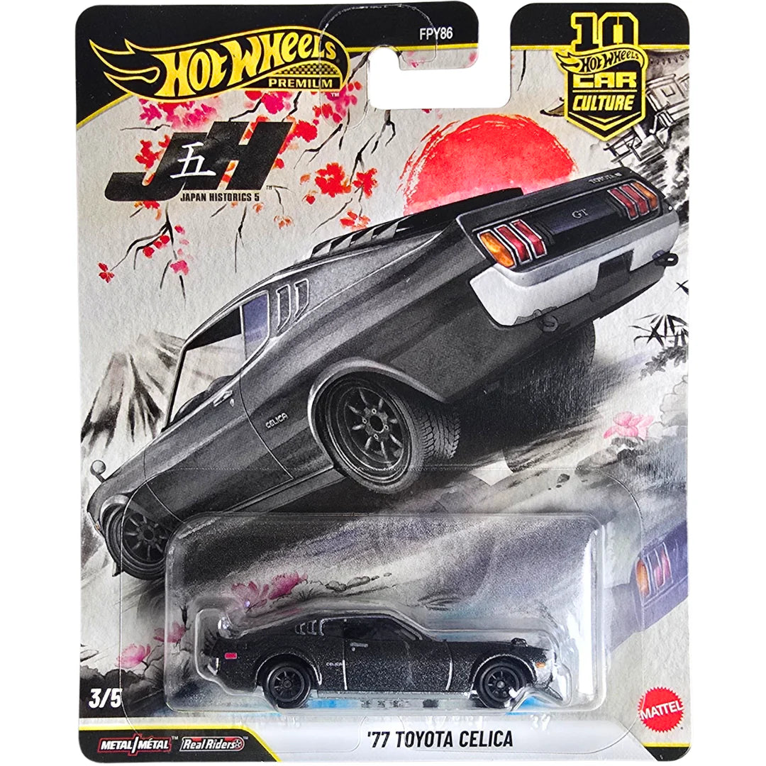 Hot Wheels Premium 1:64 Car Culture Japan Historics 5 — '77 Toyota Celica GT | Gunmetal | 3/5 | FPY86 | 10th Anniversary | Die-Cast Collectible