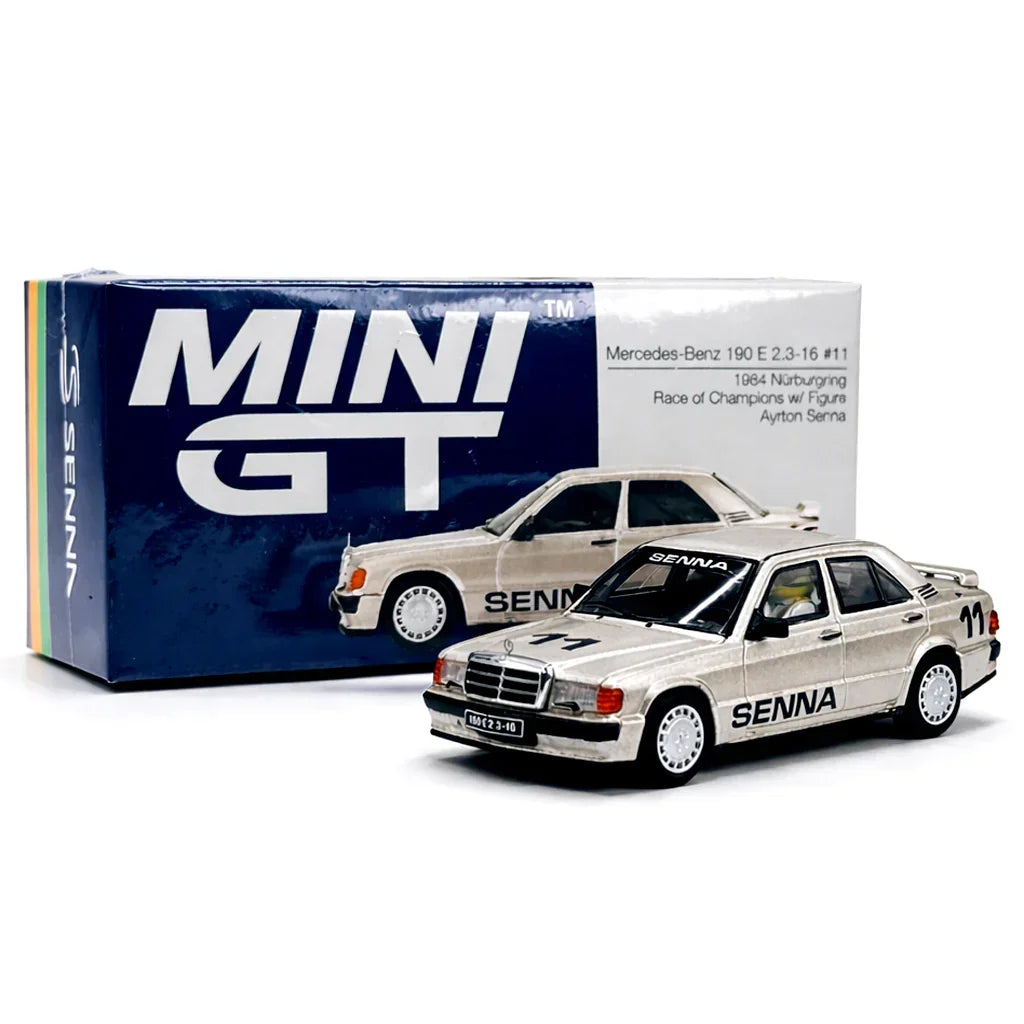 Mini GT 1:64 — Mercedes-Benz 190E 2.3-16 #11 | White 1984 Nürburgring Race of Champions | Ayrton Senna Figure | Die-Cast Collectible