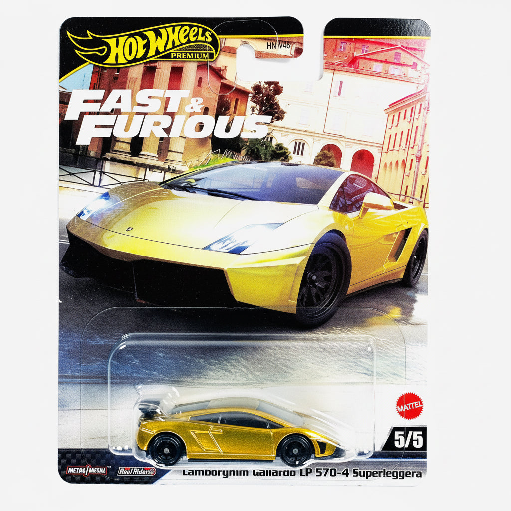 Hot Wheels Premium 1:64 Fast & Furious — Lamborghini Gallardo LP 570-4 Superleggera | Yellow | Real Riders | Metal/Metal | 5/5 | HNN46 | Die-Cast Collectible