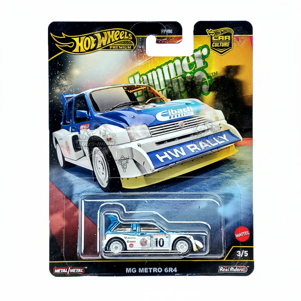 Hot Wheels Premium 1:64 Car Culture Hammer Down — MG Metro 6R4 | White & Blue #10 HW Rally Eibach Livery | Real Riders | Metal/Metal | 3/5 | FPY86 | Die-Cast Collectible