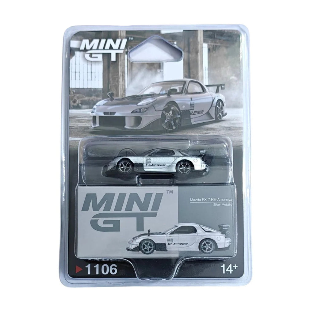 Mini GT #1106 Mazda RX-7 RE-Amemiya Silver Metallic Blister Pack | 1:64 Die-Cast Collectible