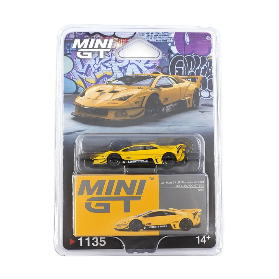 Mini GT #1135 Lamborghini LB-Silhouette WORKS Murciélago GT EVO Yellow Blister Pack | 1:64 Die-Cast Collectible