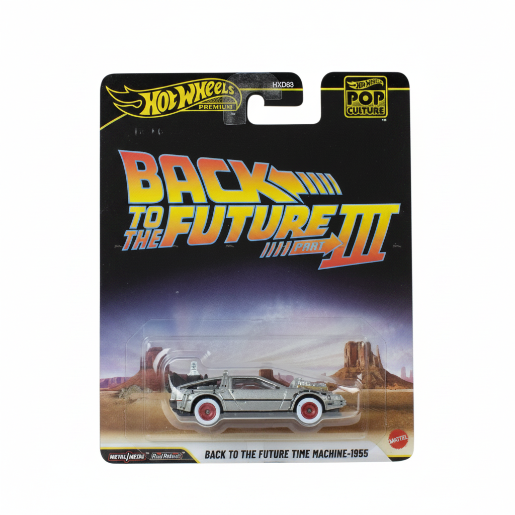 Hot Wheels Premium 1:64 Pop Culture Back to the Future Part III — DeLorean Time Machine 1955 | Brushed Steel | HXD63 | Die-Cast Collectible