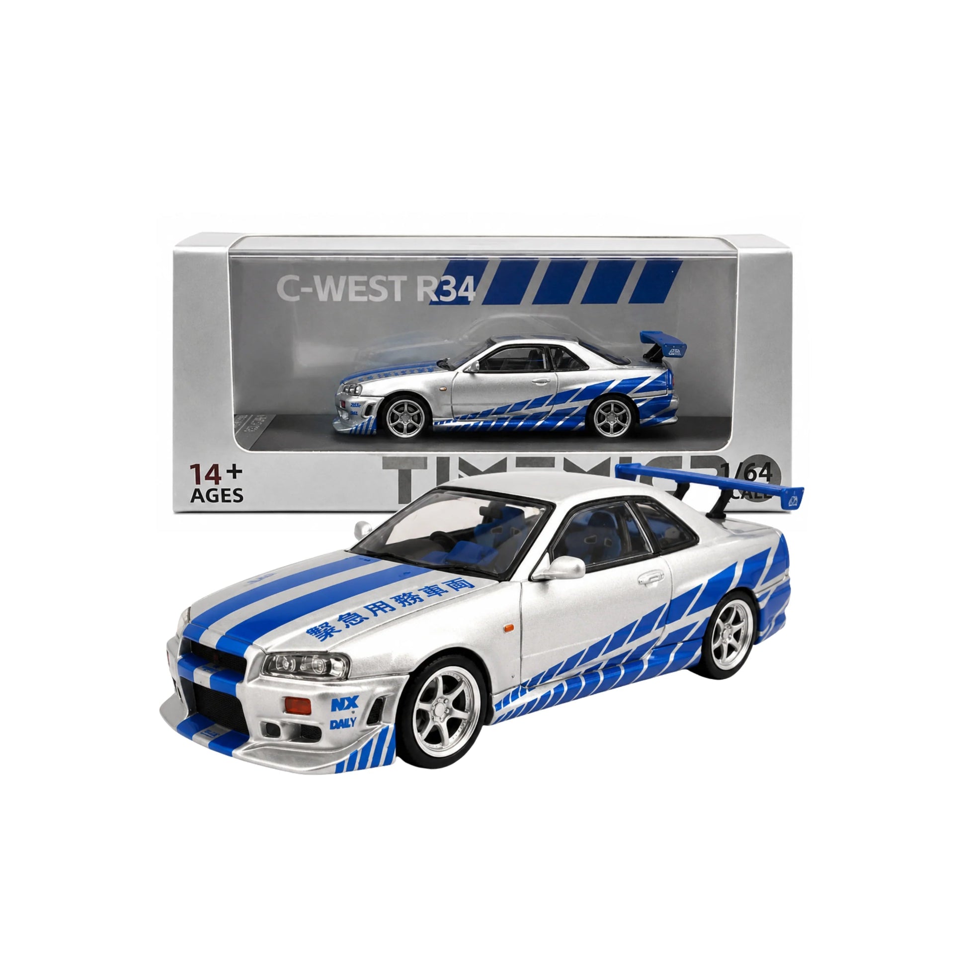 Time Micro Nissan Skyline GT-R R34 C-West Silver Blue | 1:64 Die-Cast Collectible