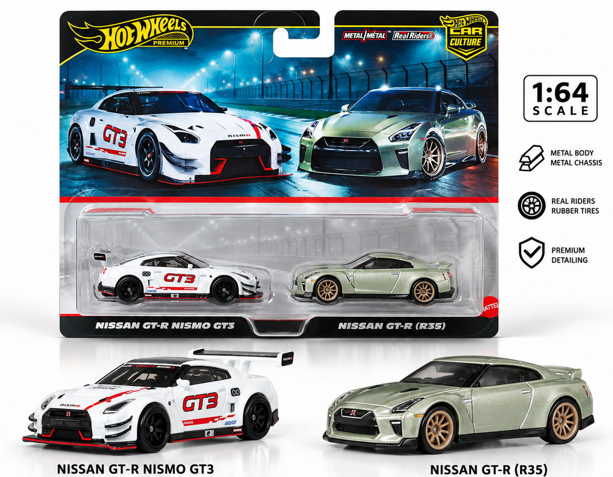 Hot Wheels Premium Car Culture 2-Pack Nissan GT-R NISMO GT3 + Nissan GT-R R35 | 1:64 Die-Cast Collectible