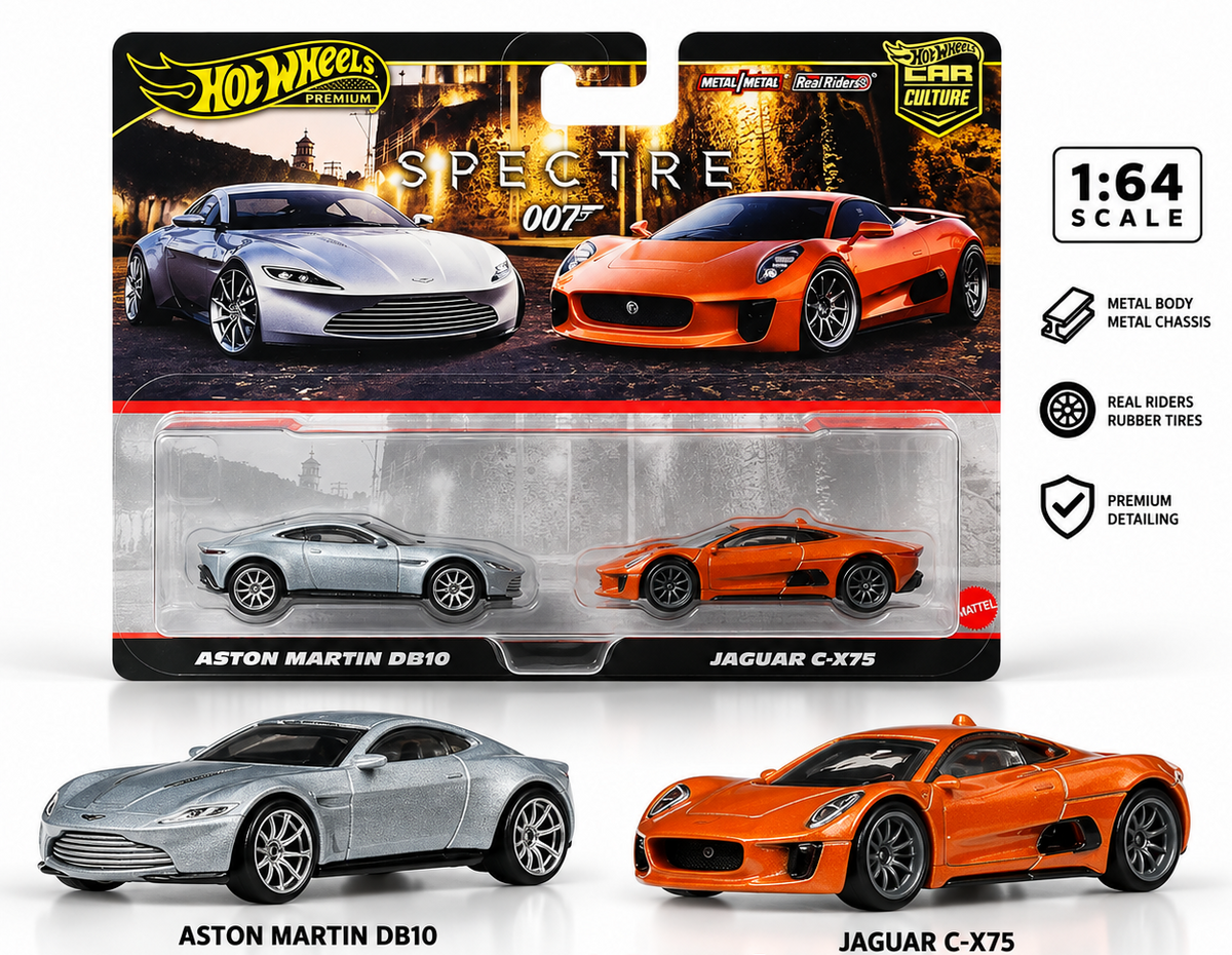 Hot Wheels Premium Car Culture Spectre 007 2-Pack Aston Martin DB10 + Jaguar C-X75 | 1:64 Die-Cast Collectible