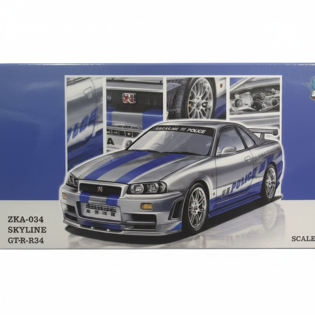 Demon King Auto 1:64 Nissan Skyline GT-R R34 | Silver with Blue Stripes | Die-Cast Collectible