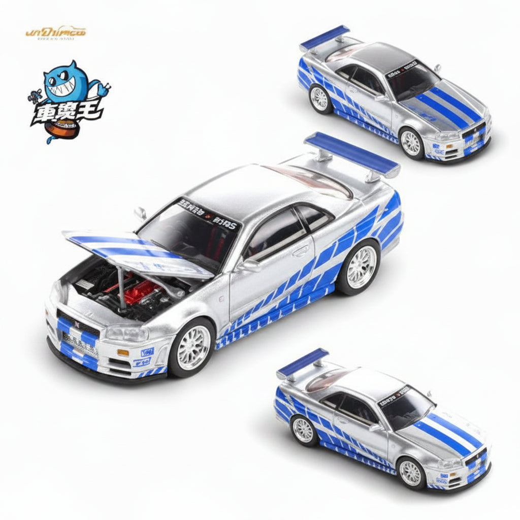 Demon King Auto 1:64 Nissan Skyline GT-R R34 | Silver with Blue Stripes | Die-Cast Collectible