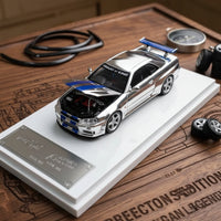 Demon King Auto 1:64 Nissan Skyline GT-R R34 | Silver with Blue Stripes | Die-Cast Collectible