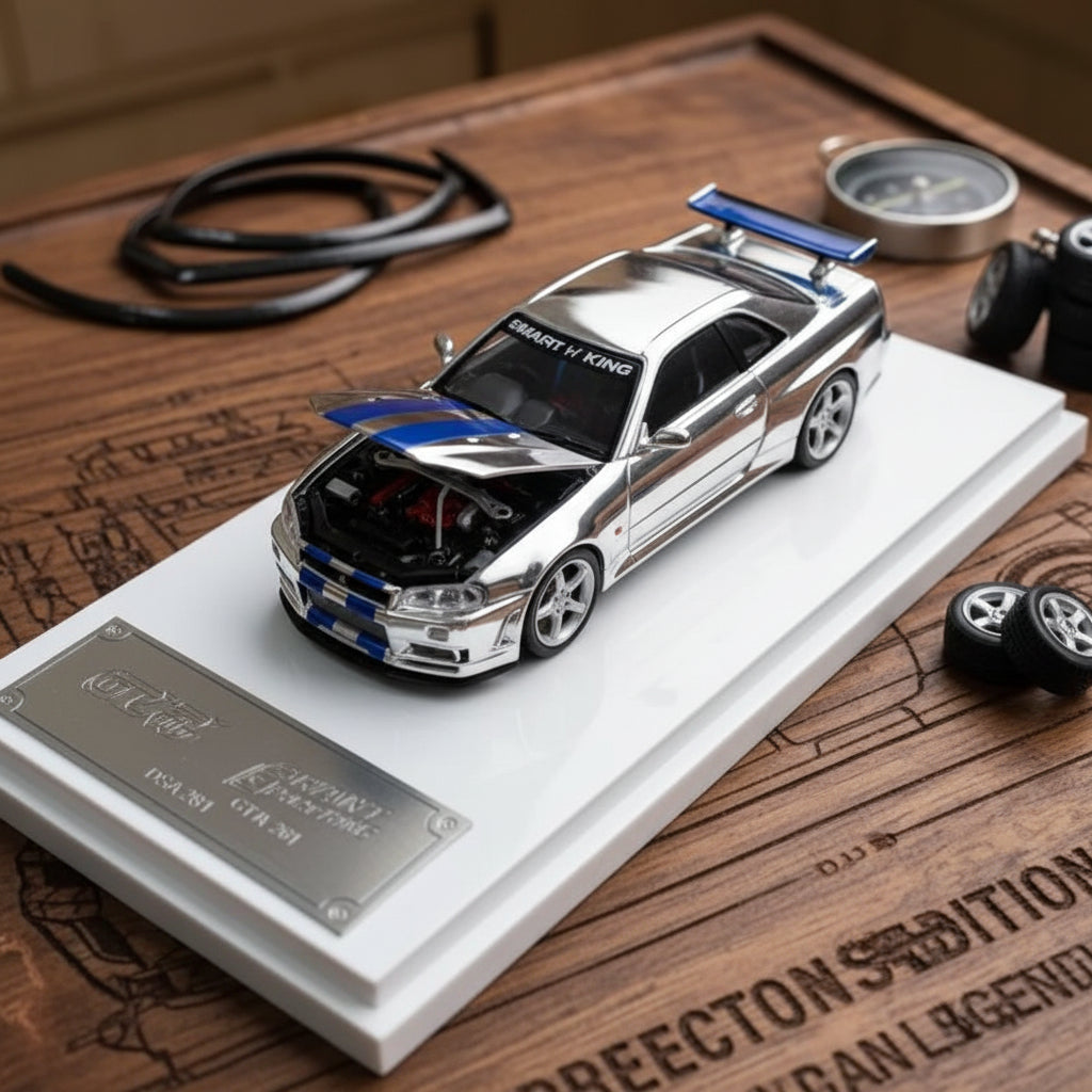Demon King Auto 1:64 Nissan Skyline GT-R R34 | Silver with Blue Stripes | Die-Cast Collectible