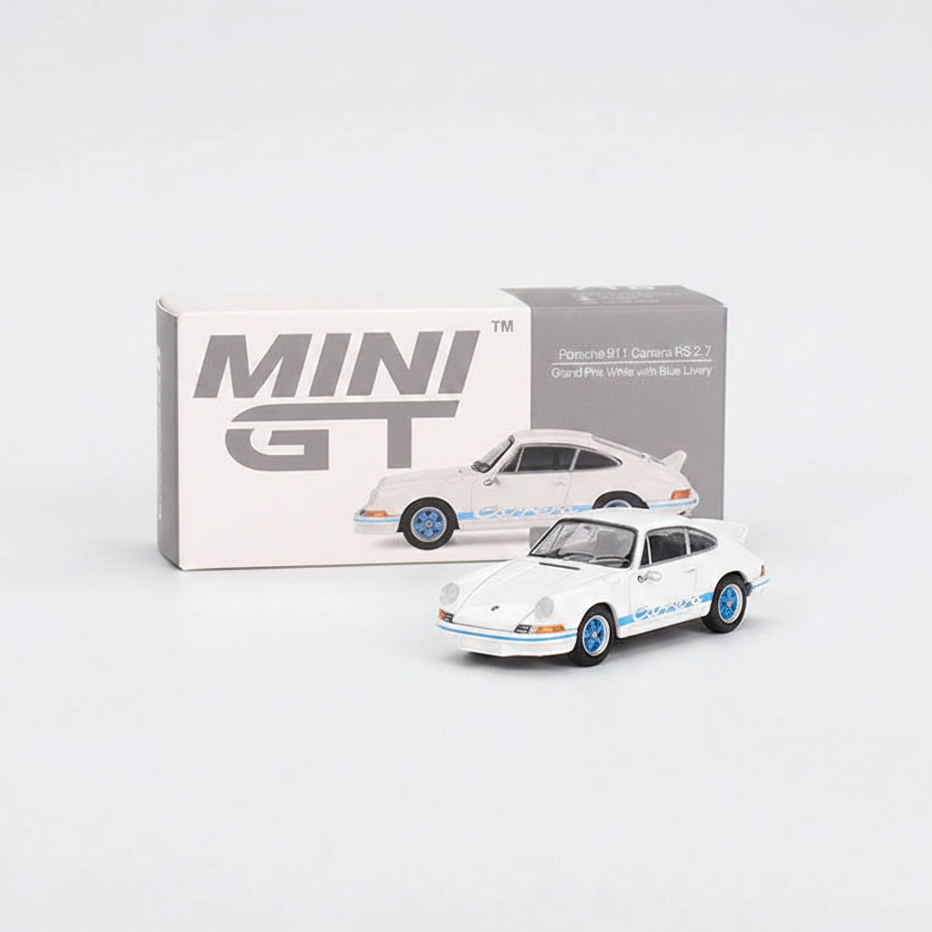 Mini GT 1:64 — Porsche 911 Carrera RS 2.7 | Grand Prix White with Blue Livery | Die-Cast Collectible