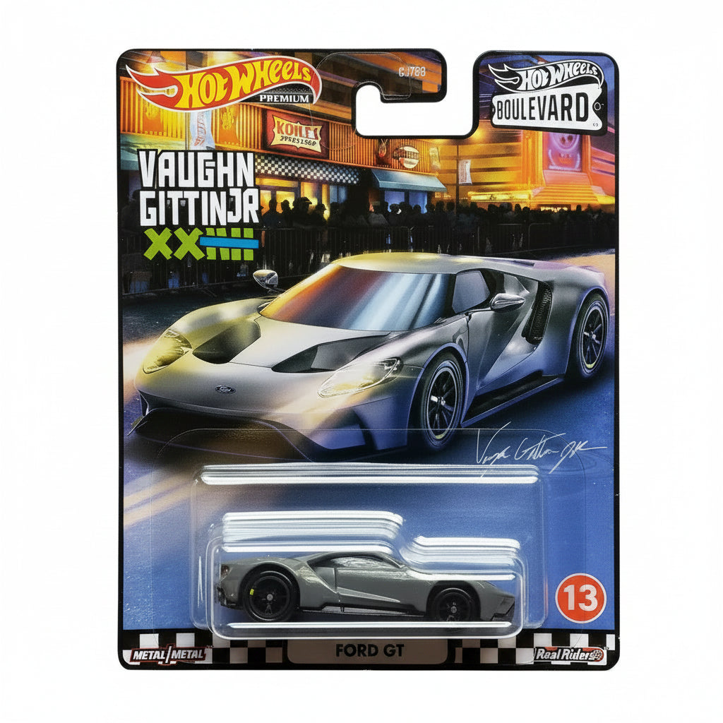 Hot Wheels Premium 1:64 Boulevard — Vaughn Gittin Jr. XXIII Ford GT | Matte Grey & Silver | Real Riders | Metal/Metal | #13 | GJT68 | Die-Cast Collectible