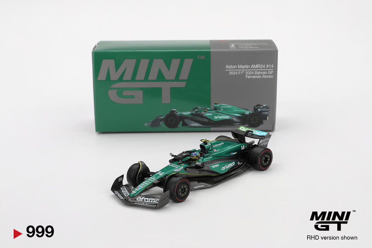 Mini GT 1:64 Aston Martin AMR24 #14 Fernando Alonso | 2024 F1 Bahrain GP | #999 | Die-Cast Collectible