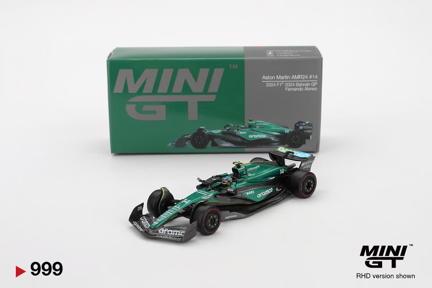 Mini GT 1:64 Aston Martin AMR24 #14 Fernando Alonso | 2024 F1 Bahrain GP | #999 | Die-Cast Collectible