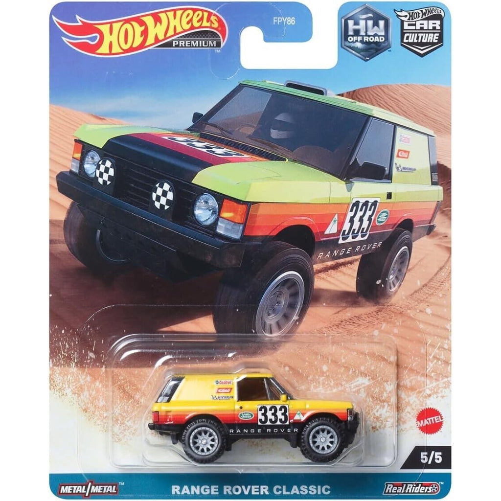 Hot Wheels Premium 1:64 Car Culture HW Off Road — Range Rover Classic | Yellow, Red & Green #333 Paris-Dakar Rally Livery | Real Riders | Metal/Metal | 5/5 | FPY86 | Die-Cast Collectible