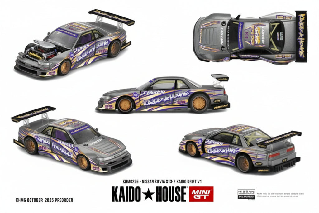 Kaido House x Mini GT #235 Nissan Silvia S13-R Kaido Drift V1 GReddy Grey | 1:64 Die-Cast Collectible
