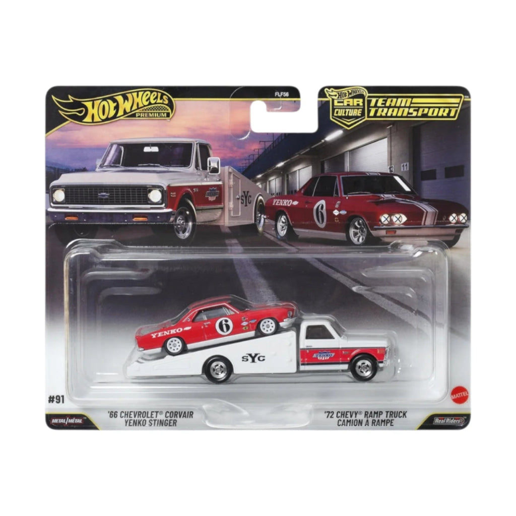Hot Wheels Premium Team Transport '66 Chevrolet Corvair Yenko Stinger & '72 Chevy Ramp Truck | 1:64 Scale Die-Cast Collectible