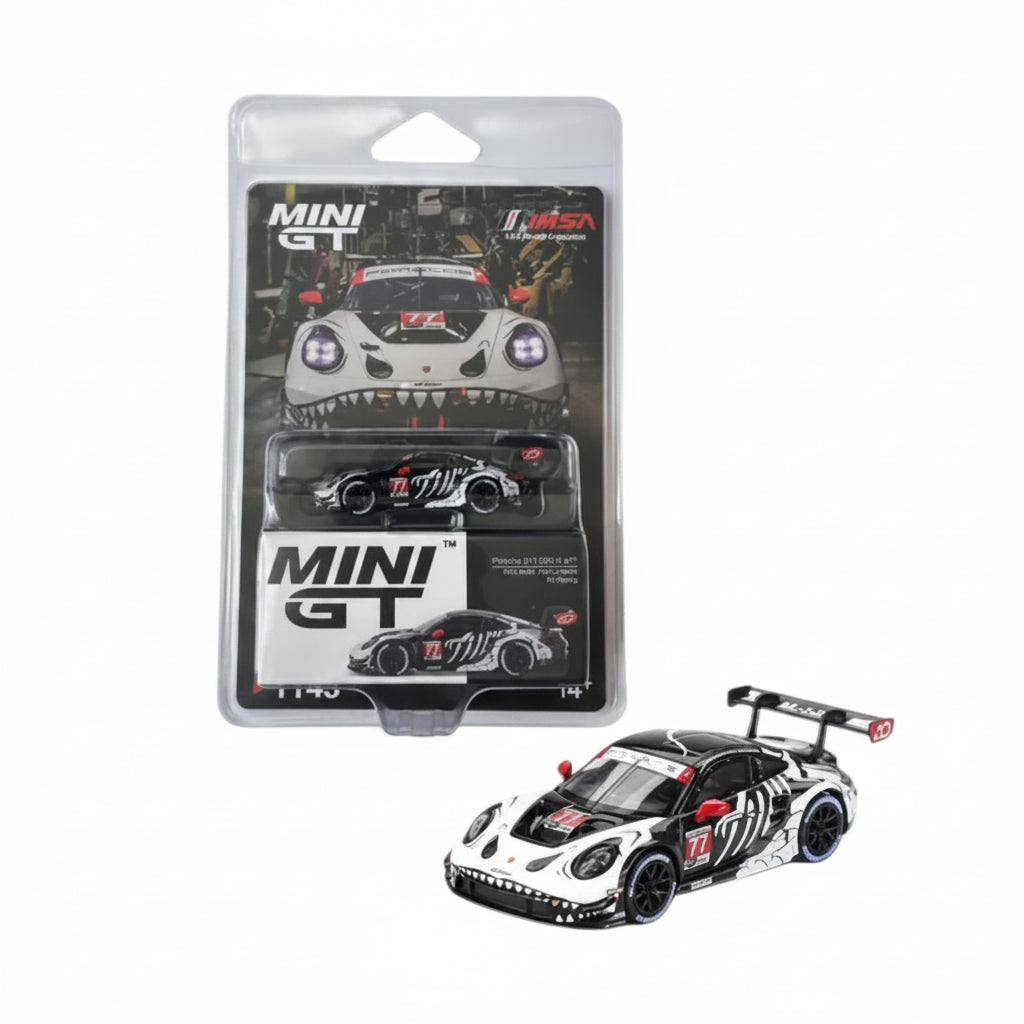 Mini GT #1145 Skeleton Rexy - Porsche 911 GT3 R #77 2025 IMSA Petit Le Mans AO Racing | 1:64 Die-Cast Collectible