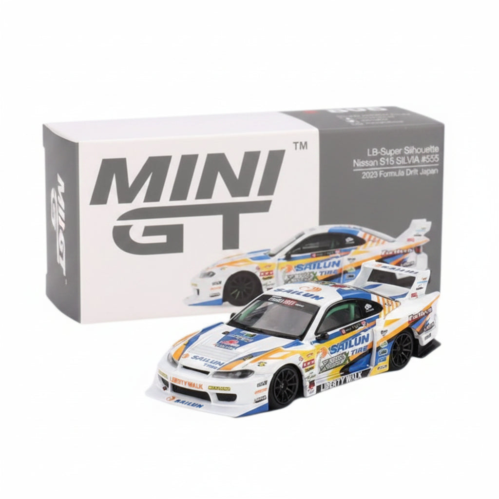 Mini GT #555 LB-Super Silhouette Nissan S15 Silvia 2023 Formula Drift Japan White | 1:64 Die-Cast Collectible