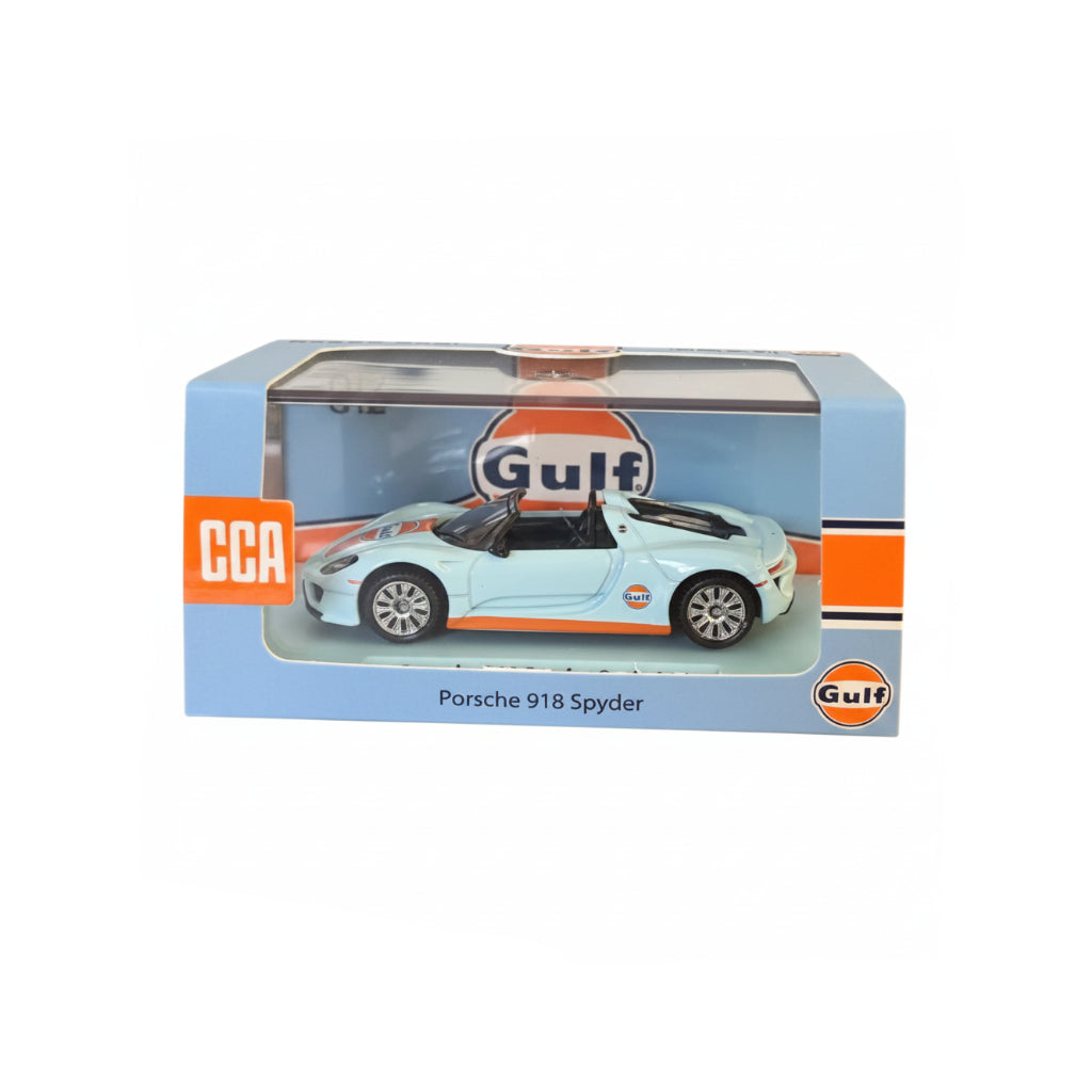 CCA 1:64 — Porsche 918 Spyder | Gulf Livery | Die-Cast Collectible with Acrylic Case