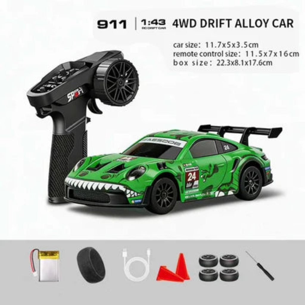SDX DA25006 Porsche 911 GT3 #24 Rexy Green Dinosaur 1:43 4WD Drift Alloy RC Car 2.4GHz