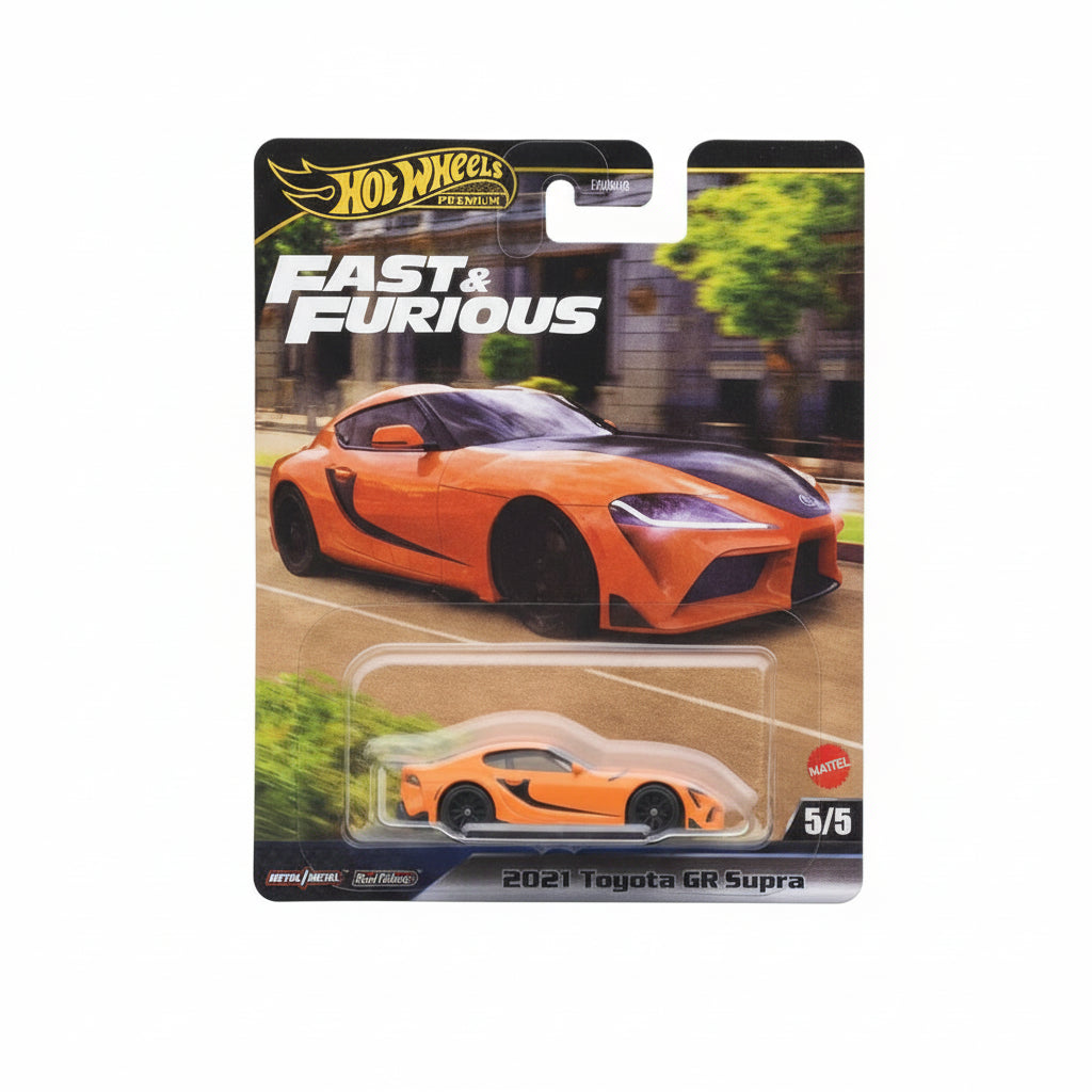 Hot Wheels 2021 Toyota GR Supra toy car in packaging with 'Fast & Furious' branding.