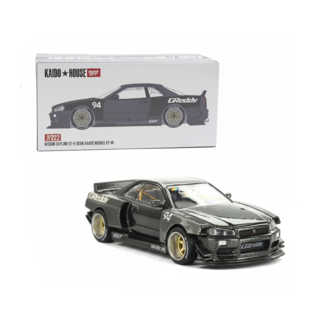 Kaido House x Mini GT #222 Nissan Skyline GT-R R34 Kaido Works V2 GReddy Black | 1:64 Die-Cast Collectible