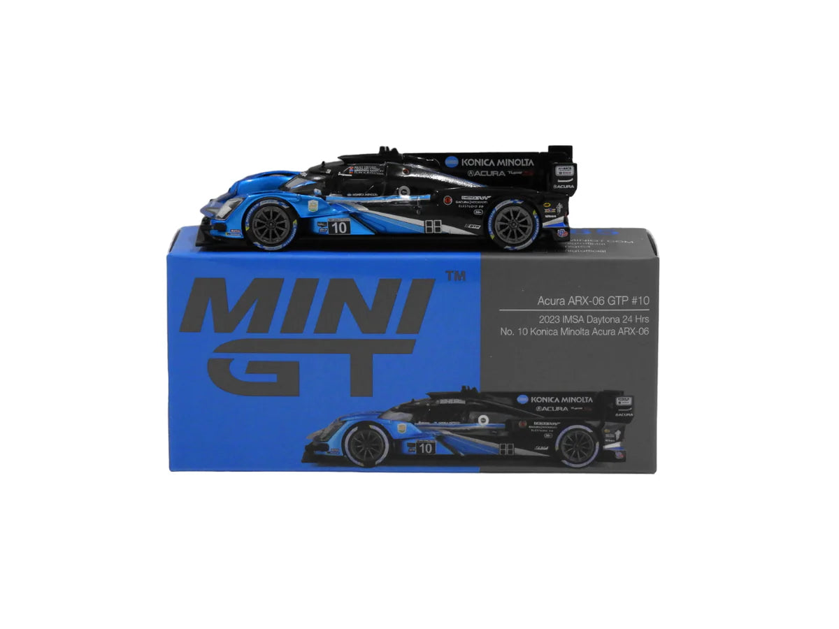 Mini GT 1:64 — Acura ARX-06 GTP #10 | White & Blue Konica Minolta Wayne Taylor Racing Livery | 2024 IMSA Daytona 24 Hours | Die-Cast Collectible